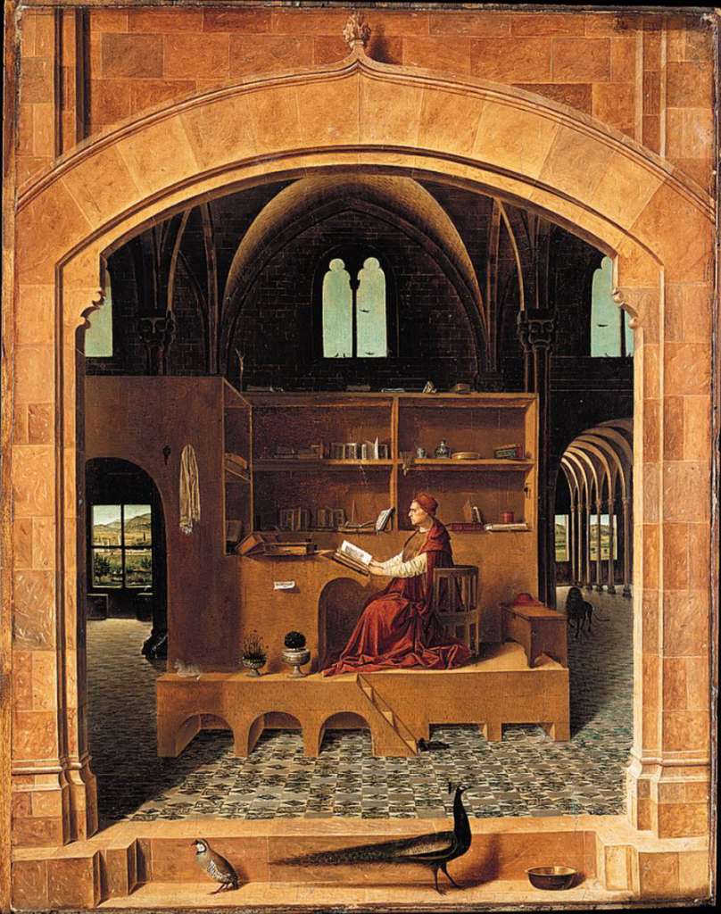 London National Gallery Next 20 02 Antonello da Messina - Saint Jerome in his Study Antonello da Messina  - St. Jerome in his Study, 1475, 46 x 36 cm. St. Jerome (347-420) was a monk and a scholar who compiled the standard Latin translation of the Bible. We see him as a dignified scholar dressed in a cardinal�s red robes, sitting in a snug wooden study erected in a Gothic building. A tame lion is shown in the shadows to the right, representing the legend of Jerome extracting a thorn from a lion�s foot. The painting shows the effects of light as it streams in from the viewer�s space through the opening in the foreground, and through the windows behind him, casting sharp or graduated shadows, reflecting from different surfaces, and illuminating the landscape beyond the lower windows and the distant sky above. Birds wheel in the sky and settle on the window ledges, figures row a boat on the river, and there is a walled city with gentle mountains rising beyond.